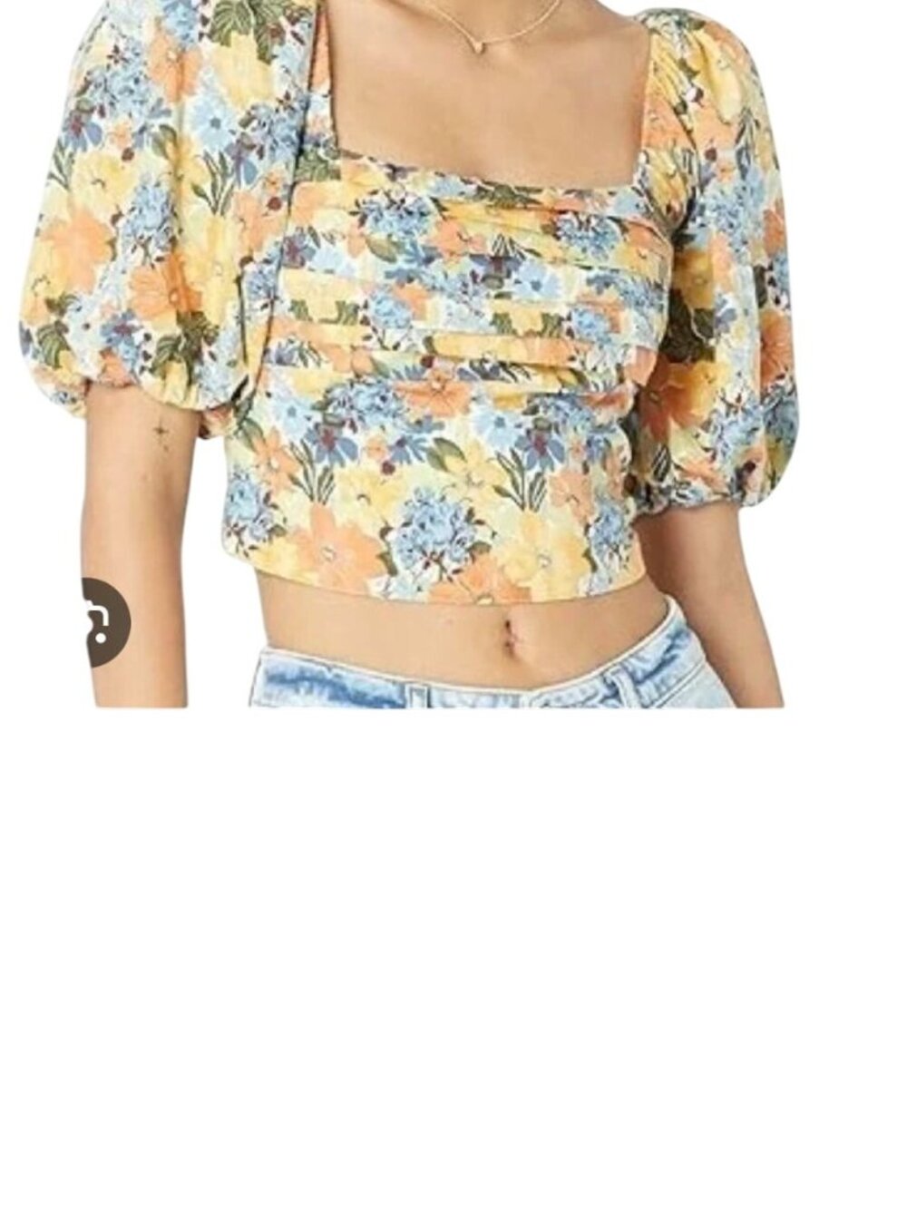 New Abercrombie & Fitch Women's XL Square Floral Ruched Puff Sleeve Crop Top